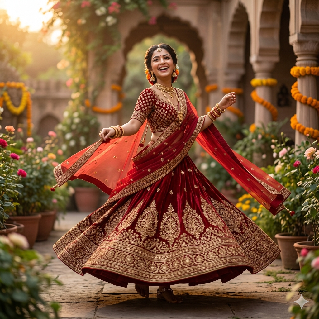 10 Lehenga Twirl Wedding Gemini Photo Prompts for Women (4K HD)