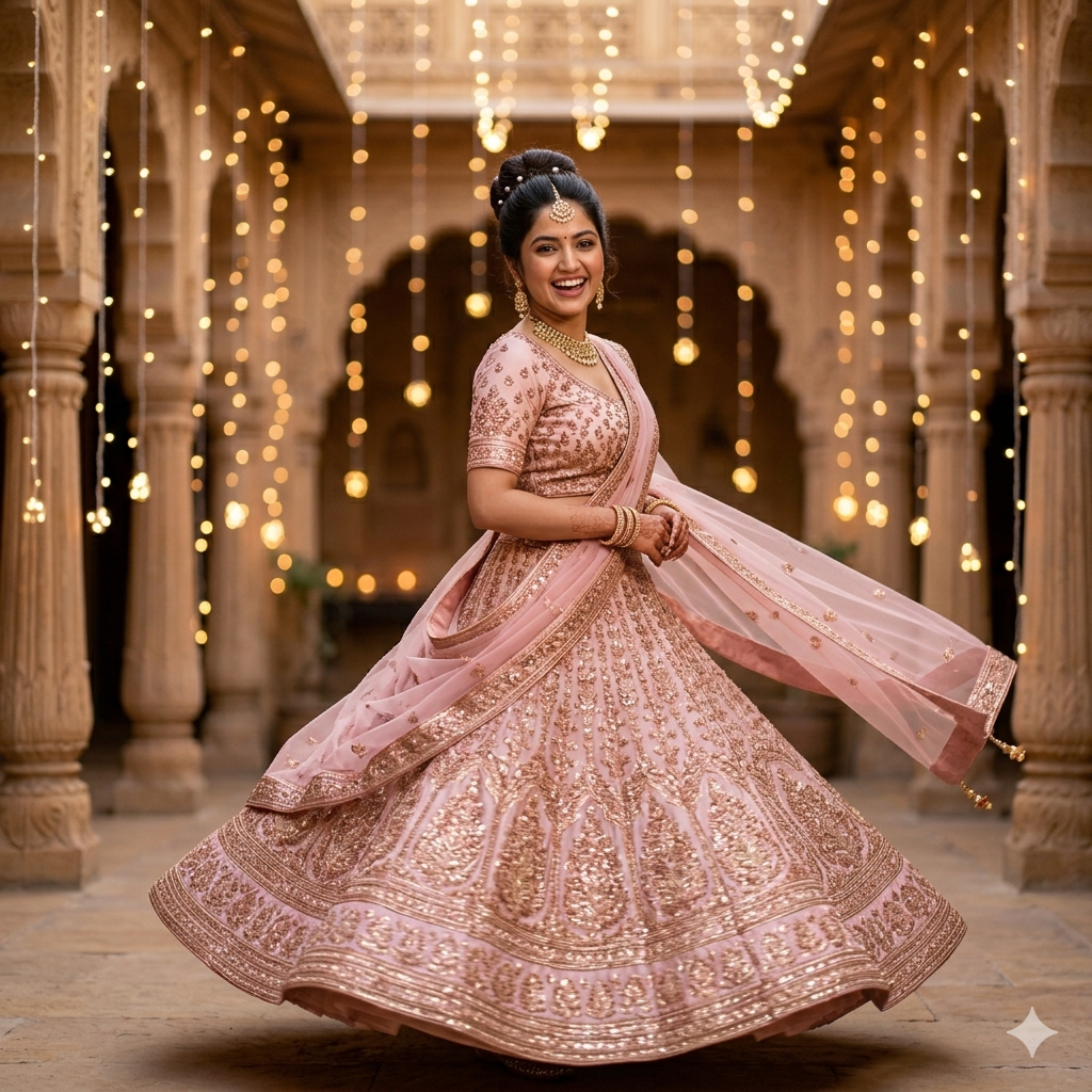 10 Lehenga Twirl Wedding Gemini Photo Prompts for Women (4K HD)