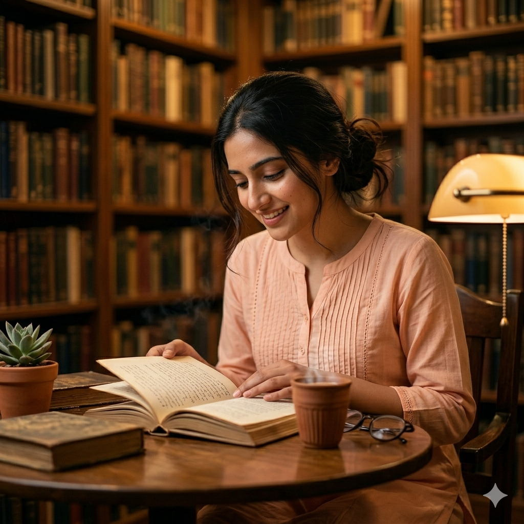 10 Trending Sitting in Library Aesthetic Gemini Prompts for Women