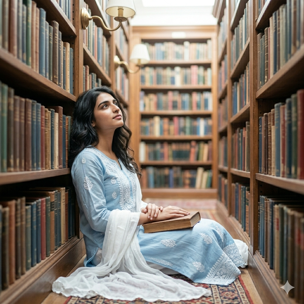 10 Trending Sitting in Library Aesthetic Gemini Prompts for Women