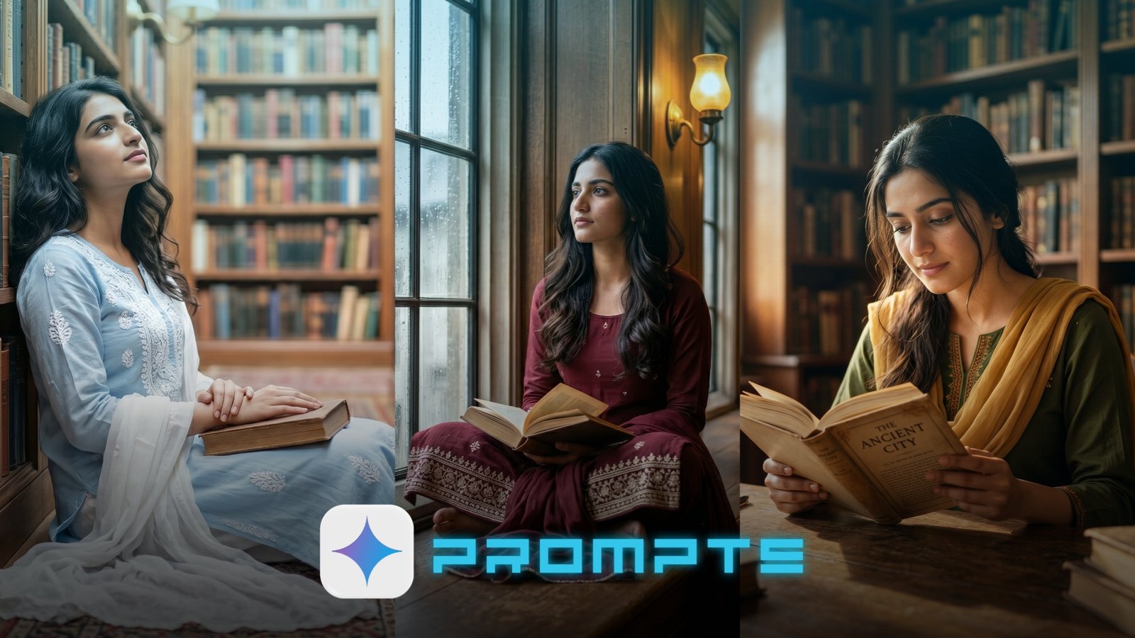 Sitting in Library Aesthetic Gemini Prompts for Women